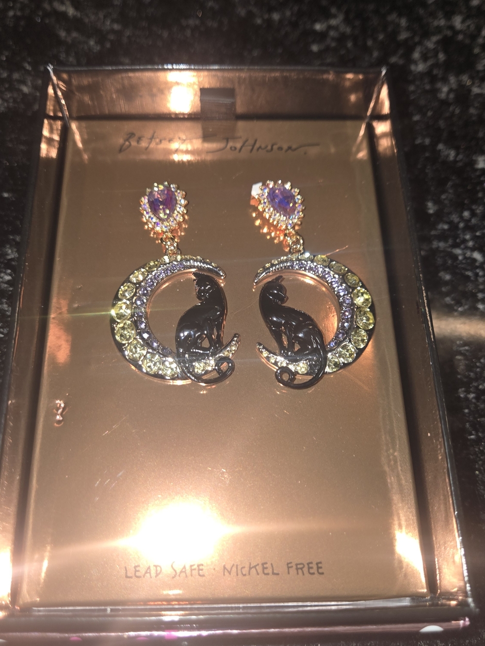 Betsey Johnson Purple & Yellow Cat Crescent Moon Drop Earrings